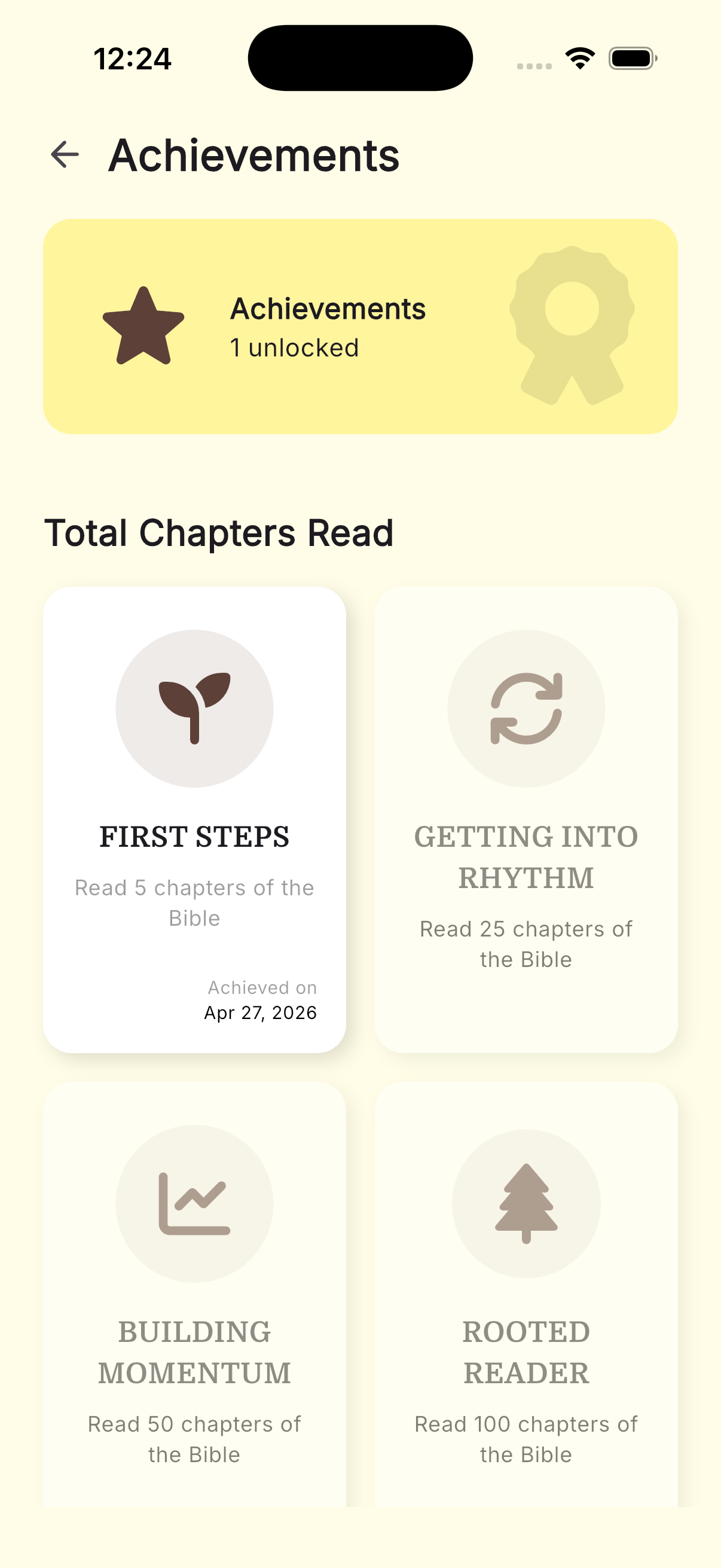 Daily Manna achievements screen showing unlocked reading milestones