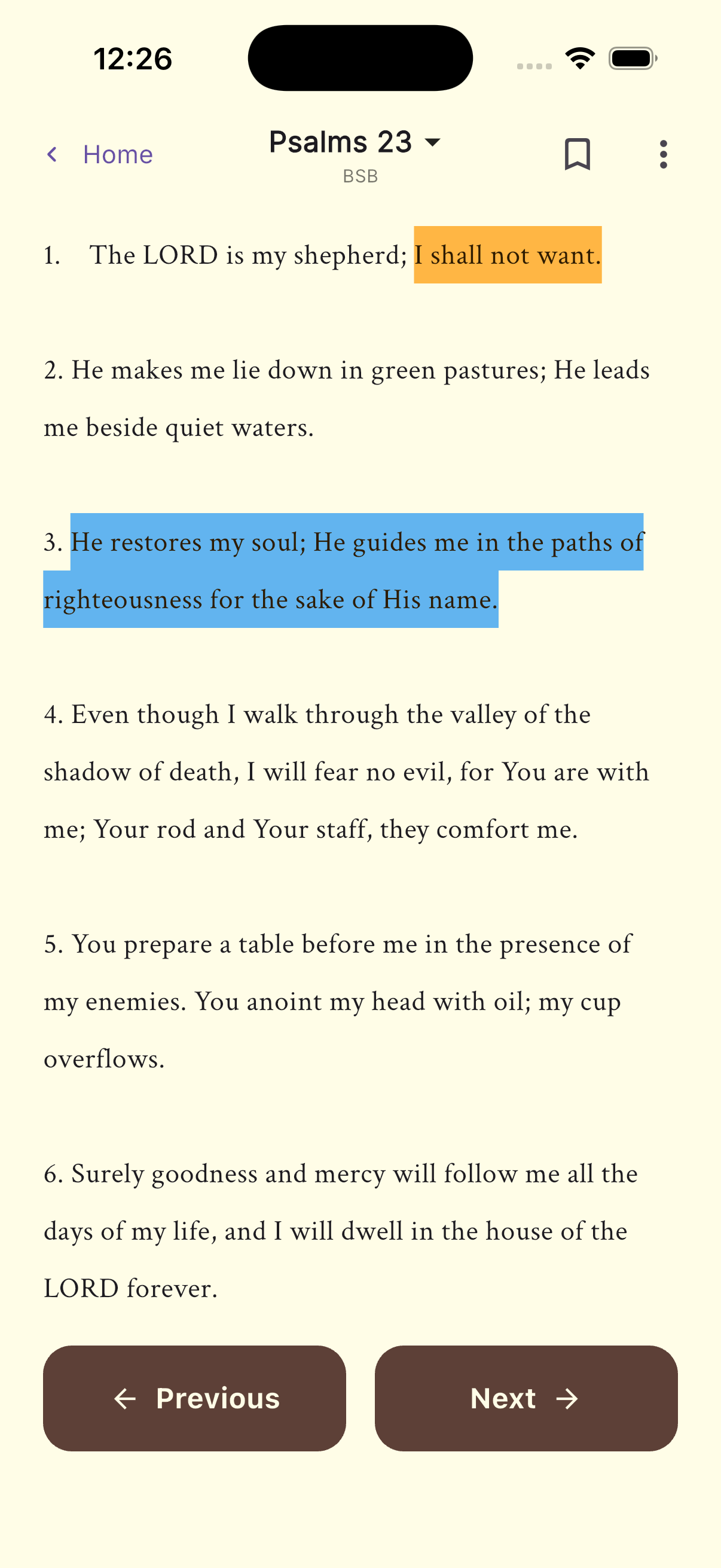 Daily Manna reading screen showing Psalm 23 with highlighted verses