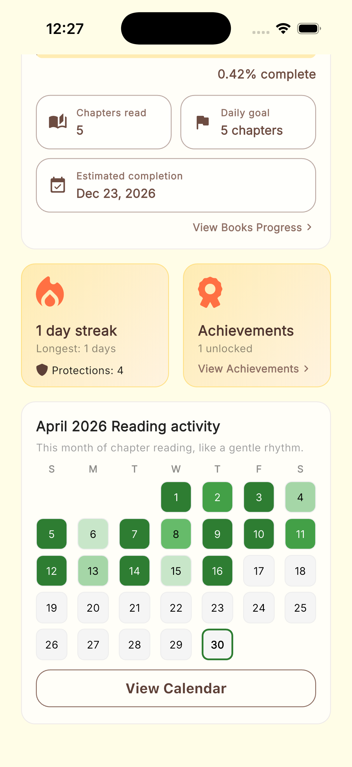 Daily Manna progress screen with streak, achievements, and monthly reading heatmap