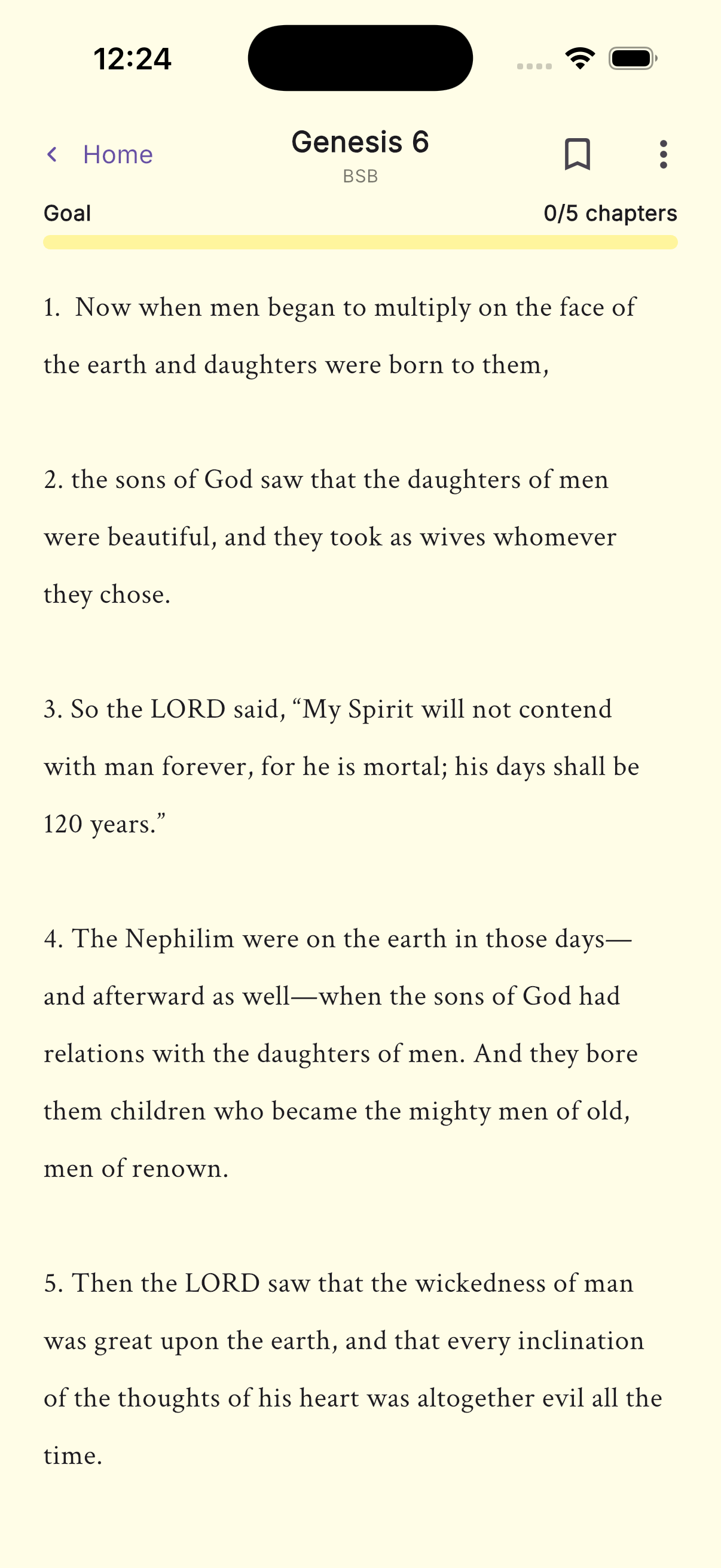 Daily Manna reading screen showing Genesis 6 with a daily chapter goal